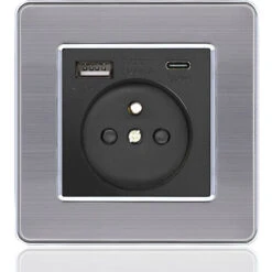ELLE Panneau De Prises Françaises Type-c+USB16A Type 86, Nombre De Prises : 2 Trous, Nombre De Ports USB : 1, Nombre De Ports Type-c : 1, Sûr Et Ferme(Acier Inoxydable Avec Coins Ronds, Noir)