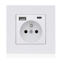 Panneau De Prises Françaises Type-c+USB16A Type 86, Nombre De Prises : 2 Trous, Nombre De Ports USB : 1, Nombre De Ports Type-c : 1, Sûr Et Ferme(carré Blanc)
