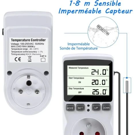 Prise Thermostat, Régulateur De Température, Minuterie Numérique Programmable Avec Sonde, Prise Thermostat Chauffage Serre, Aquarium 1pc 5 Prise Thermostat, Régulateur De Température, Minuterie Numérique Programmable Avec Sonde, Prise Thermostat Chauffage Serre, Aquarium 1pc – Image 5