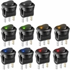 10 Pièces Interrupteur 12v, Mini Interrupteur A Bascule Rond Voyant 5 Couleurs Led 12V 20A DC 3 Broches, Bouton On Off Interrupteur Automobile Bateau Appareils Ménagers（Noir）