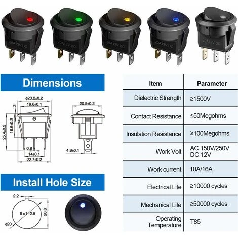 10 Pièces Interrupteur 12v, Mini Interrupteur A Bascule Rond Voyant 5 Couleurs Led 12V 20A DC 3 Broches, Bouton On Off Interrupteur Automobile Bateau Appareils Ménagers(Noir) 5 10 Pièces Interrupteur 12v, Mini Interrupteur A Bascule Rond Voyant 5 Couleurs Led 12V 20A DC 3 Broches, Bouton On Off Interrupteur Automobile Bateau Appareils Ménagers(Noir) – Image 5