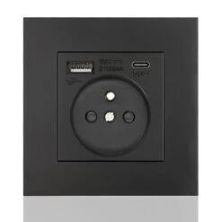 Panneau De Prises Françaises Type-c+USB16A Type 86, Nombre De Prises : 2 Trous, Nombre De Ports USB : 1, Nombre De Ports Type-c : 1, Sûr Et Ferme(carré Noir)