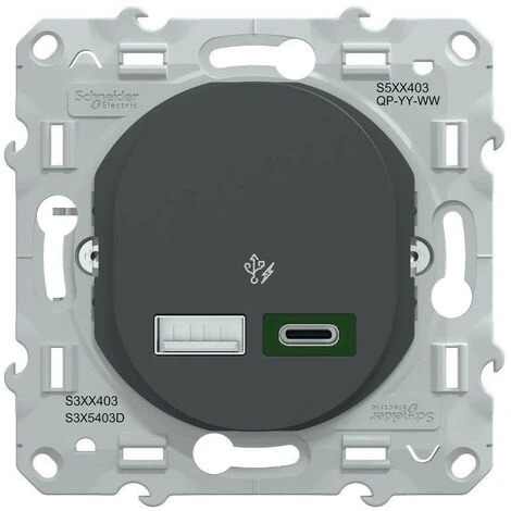 Schneider® Ovalis - Chargeur USB Type A 7,5W +C 45W - Forte Puissance Type C - Anthracite (S340403) 2 Schneider® Ovalis - Chargeur USB Type A 7,5W +C 45W - Forte Puissance Type C - Anthracite (S340403) – Image 2